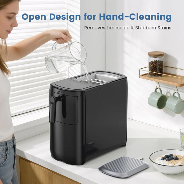 Person using a black water filter pitcher on a kitchen counter with text about its design and cleaning capabilities.