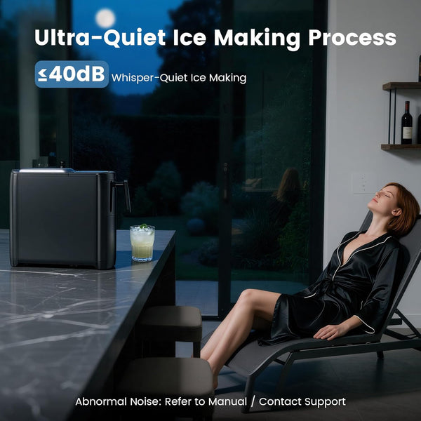 Woman relaxing by a countertop with a black ice maker, text about ultra-quiet ice making process.