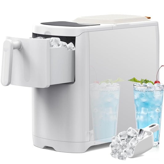 White ice cream maker with two glasses of blue drinks and ice cubes on a white background