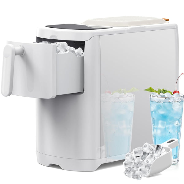 White ice cream maker with two glasses of blue drinks and ice cubes on a white background