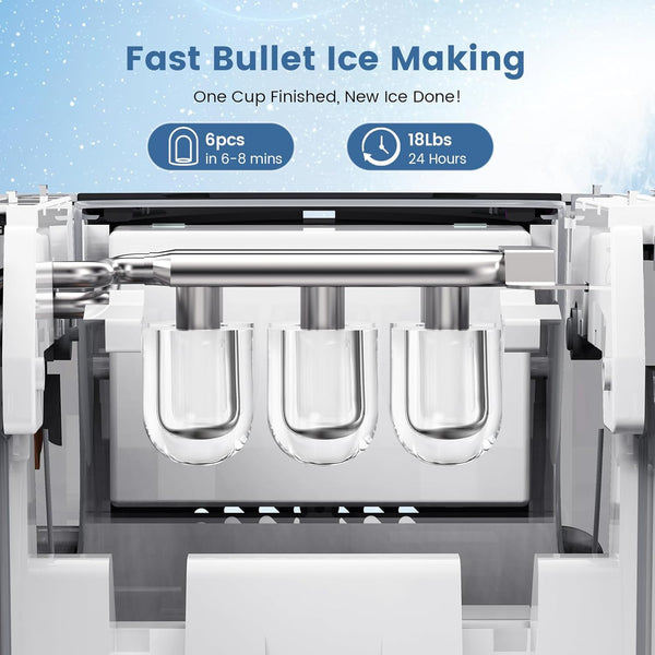 Ice maker with text indicating fast bullet ice making capabilities.