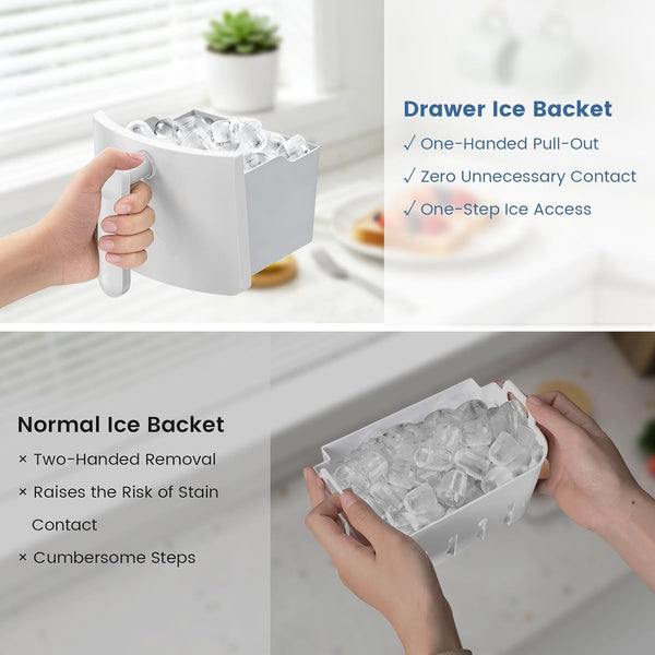Drawer ice bucket with text highlighting features and a comparison to a normal ice bucket.