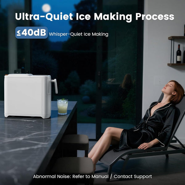 Woman relaxing by a countertop with an ice maker, emphasizing ultra-quiet operation.