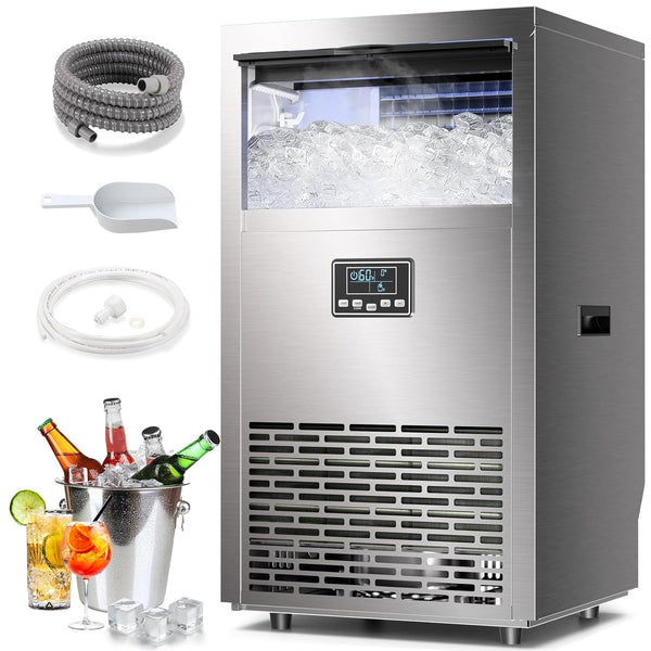 Commercial ice maker with ice storage, accessories, and drinks on a white background