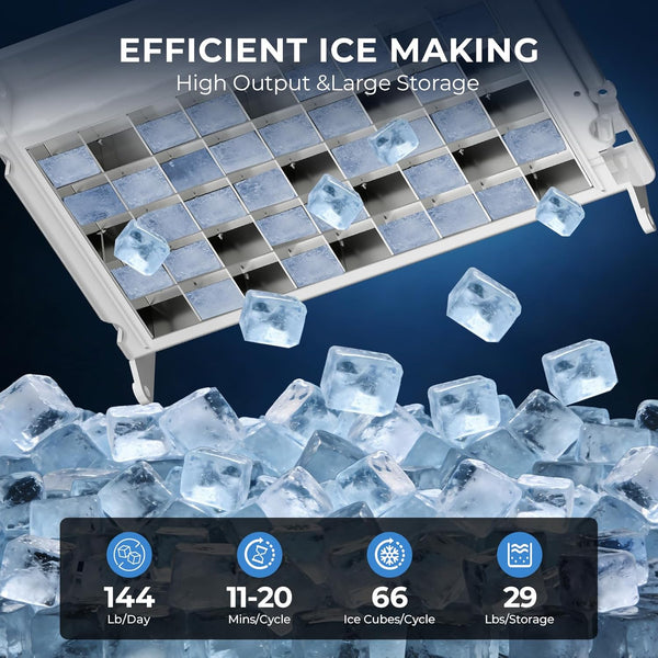 Ice maker with ice cubes and text highlighting efficient ice making capabilities.