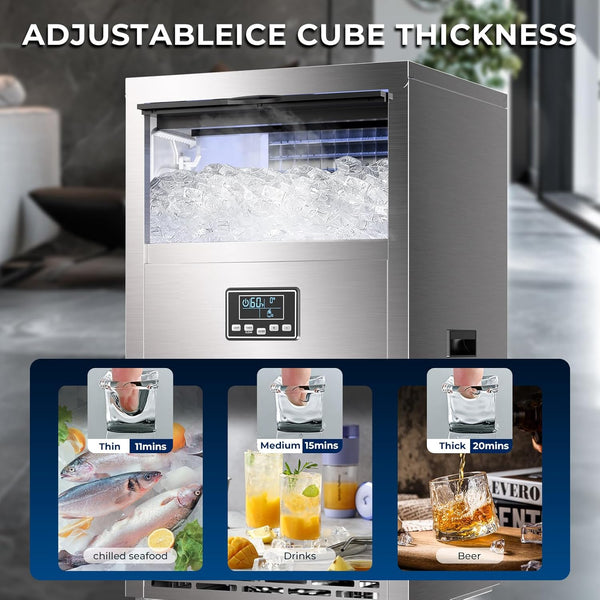 Ice machine with adjustable ice cube thickness settings displayed on a screen.