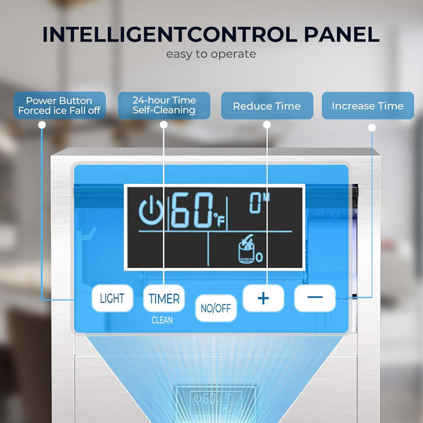 Intelligent control panel with digital display and buttons on a blurred kitchen background