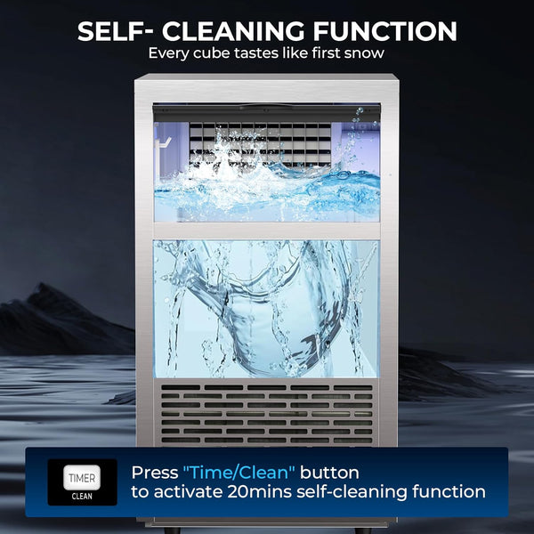 Ice machine with self-cleaning function display on a dark background