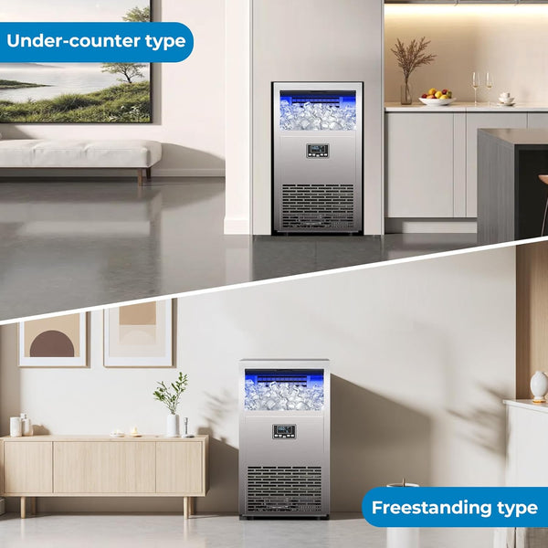 Two types of ice makers, under-counter and freestanding, in a modern kitchen setting.