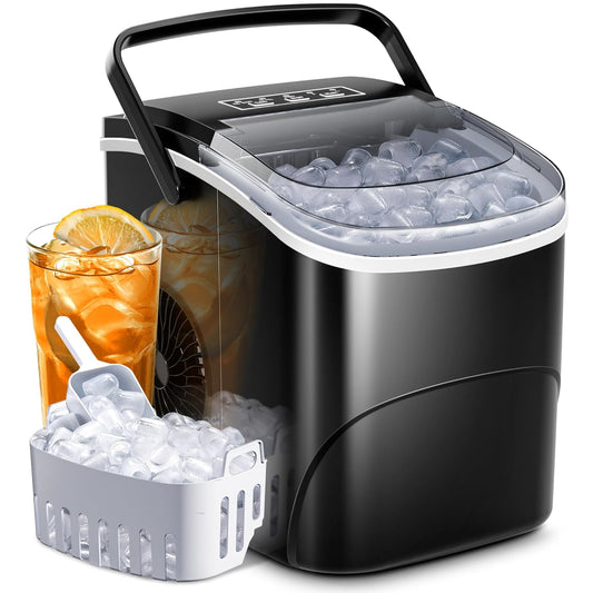 Black portable ice maker with a glass of iced tea and ice cubes on a white background