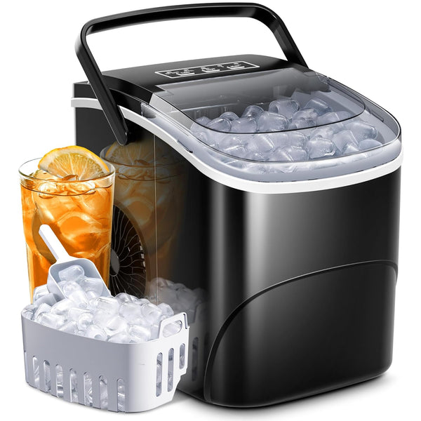 Black portable ice maker with a glass of iced tea and ice cubes on a white background