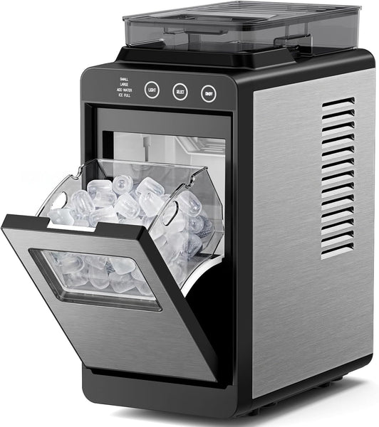 Portable ice maker with a clear bin filled with ice cubes on a white background