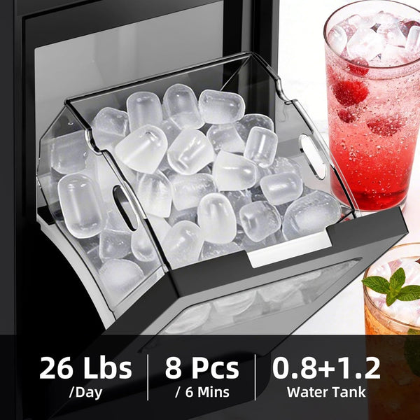 Ice cube tray with ice cubes next to a cocktail with ice and berries.