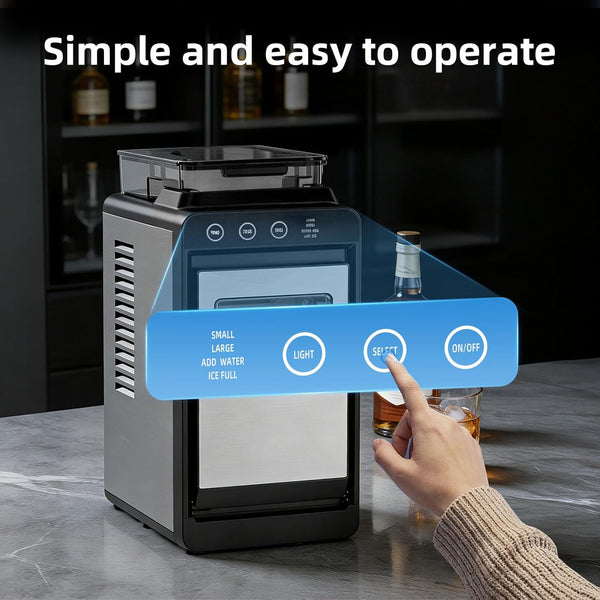 Beverage dispenser with control panel and hand selecting a bottle, text 'Simple and easy to operate' above.