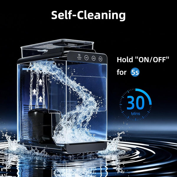 Self-Cleaning device with water splashes and text on a dark background