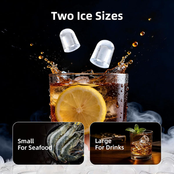 Ice cubes in a glass with lemon and text indicating two ice sizes for different uses.