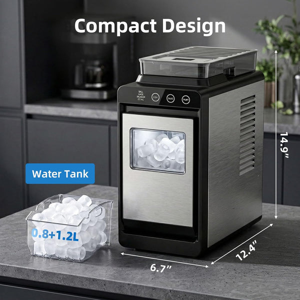 Compact ice maker with water tank on a kitchen counter, showing dimensions.