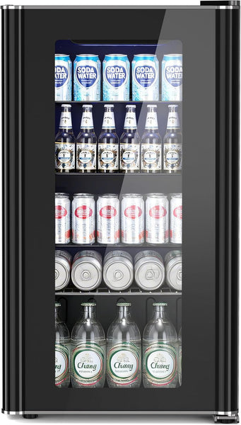 Small refrigerator with drinks on a white background