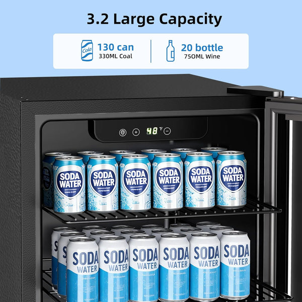 Black mini fridge with sodas and a blue background