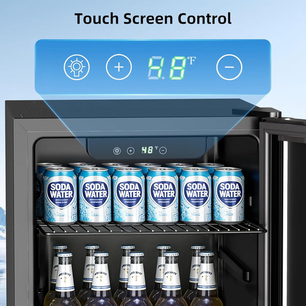 Fridge with touch screen control panel displaying temperature and soda water cans inside.
