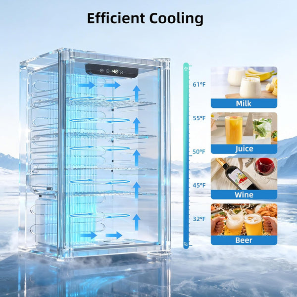 Fridge with temperature display and food category icons on a blue gradient background