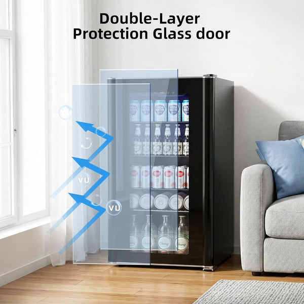 Black refrigerator with double-layer protection glass door in a room with a window and sofa.