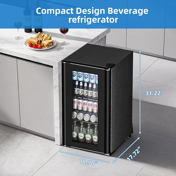 Compact design beverage refrigerator with dimensions displayed in a kitchen setting.