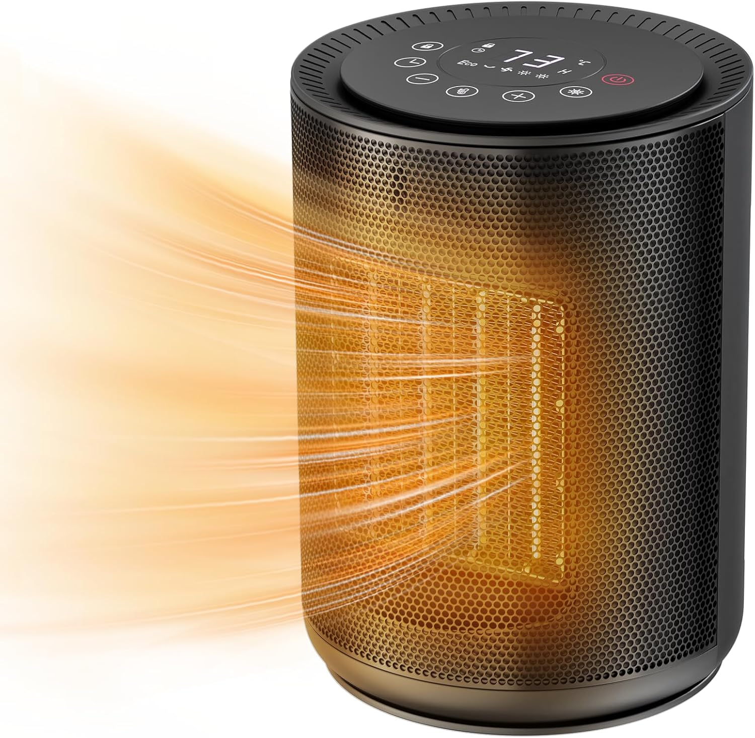 Black space heater emitting heat on a white background