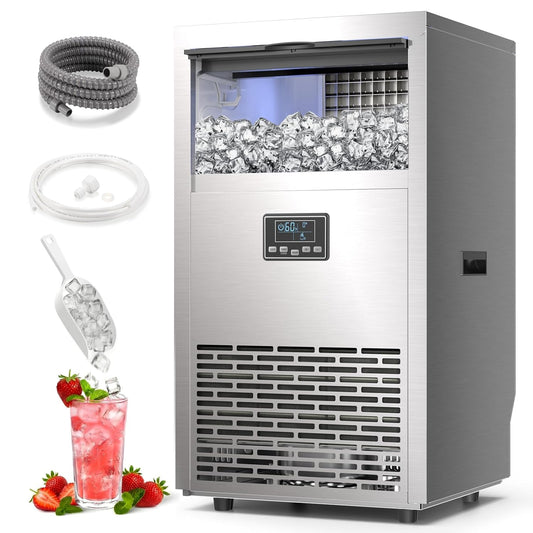 Ice maker machine with ice cubes, hose, and digital display on a white background