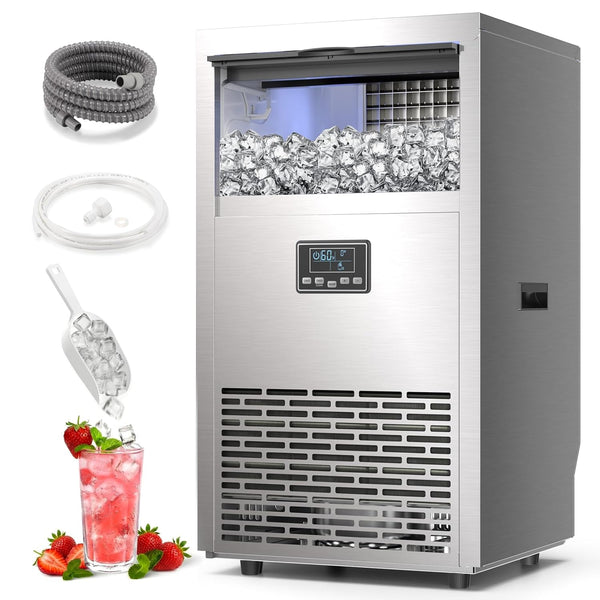 Ice maker machine with ice cubes, hose, and digital display on a white background
