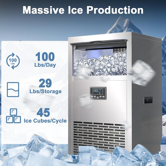 Ice production machine with ice cubes and text indicating daily production capacity.