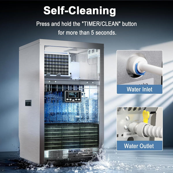 Self-cleaning appliance with water inlet and outlet illustration on a blue gradient background