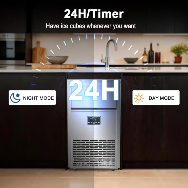 Ice maker with 24-hour timer feature in a kitchen setting
