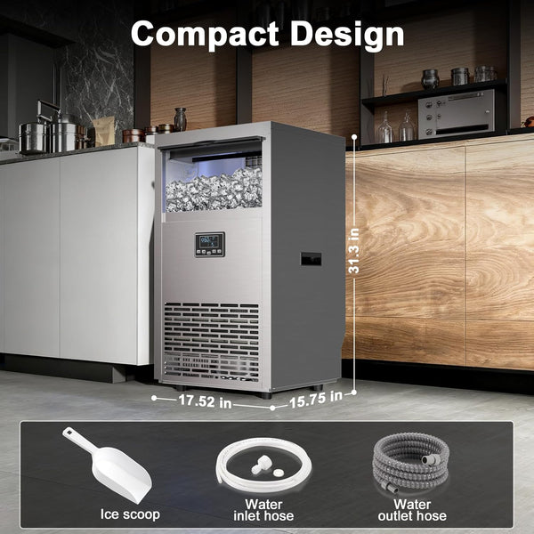 Compact ice maker with dimensions and accessories displayed in a kitchen setting