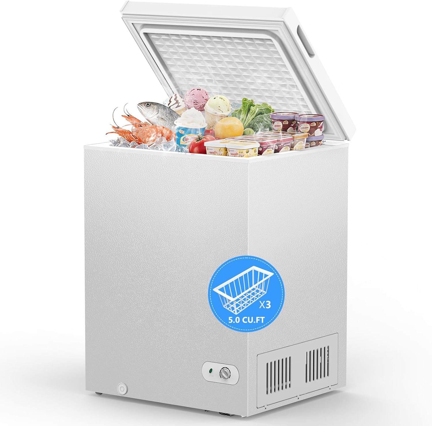 White chest freezer with open door showing various food items on a white background