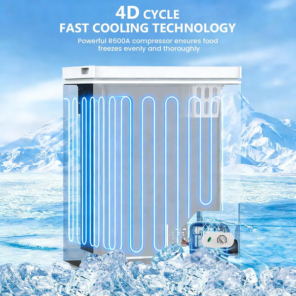 Frost-free refrigerator with 4D cycle fast cooling technology in a snowy mountain setting.