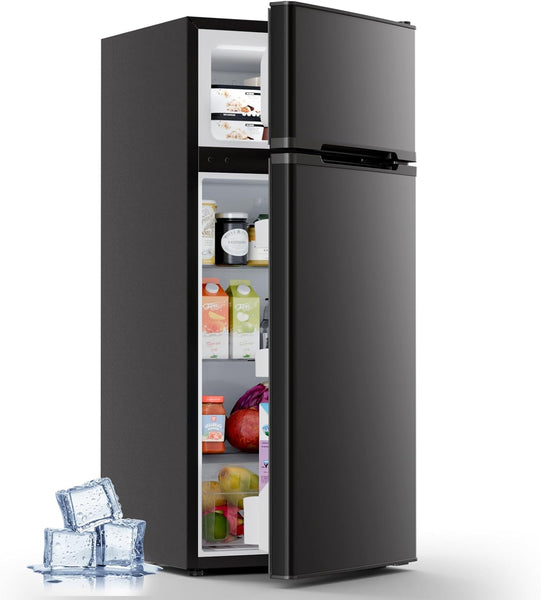 Black refrigerator with open door showing interior shelves and food items on a white background