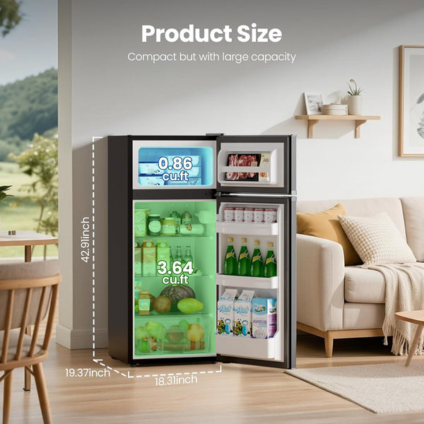 Compact refrigerator with digital display in a living room setting, showing product size and capacity.