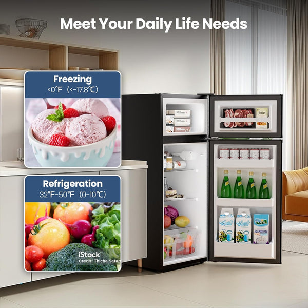Small refrigerator with open doors displaying food items in a kitchen setting, with text about freezing and refrigeration.