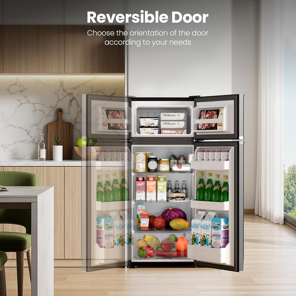 Refrigerator with reversible door feature in a kitchen setting