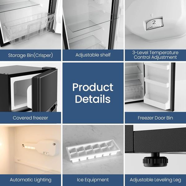Collage of a freezer with various features labeled