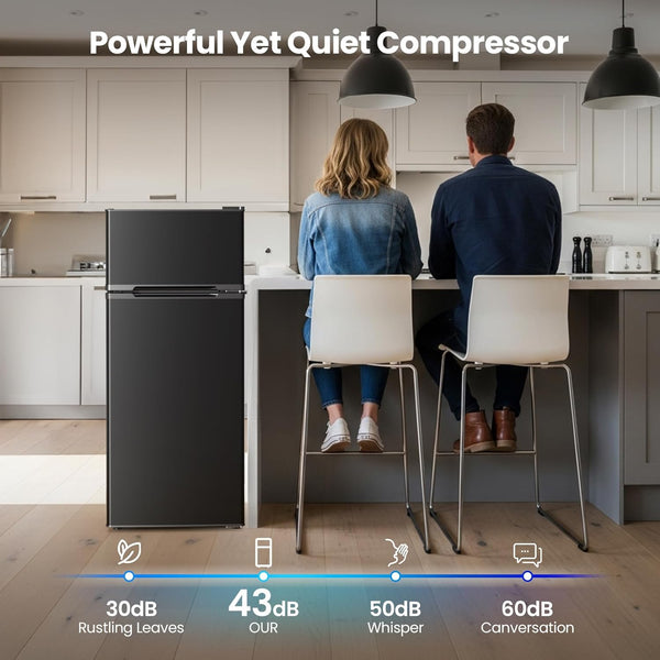 Kitchen scene with a refrigerator labeled 'Powerful Yet Quiet Compressor' and sound level indicators.