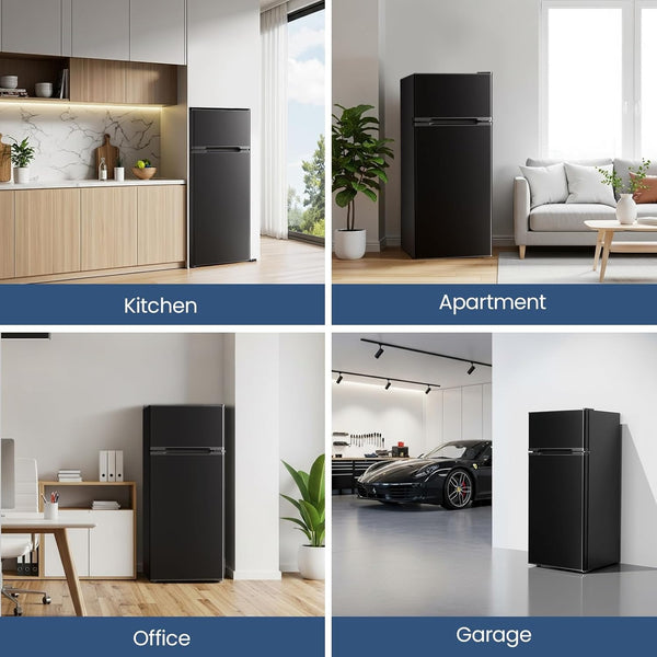 Black refrigerator shown in various settings: kitchen, apartment, office, and garage.