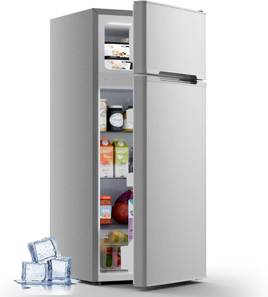 Silver refrigerator with open door showing food items on a white background