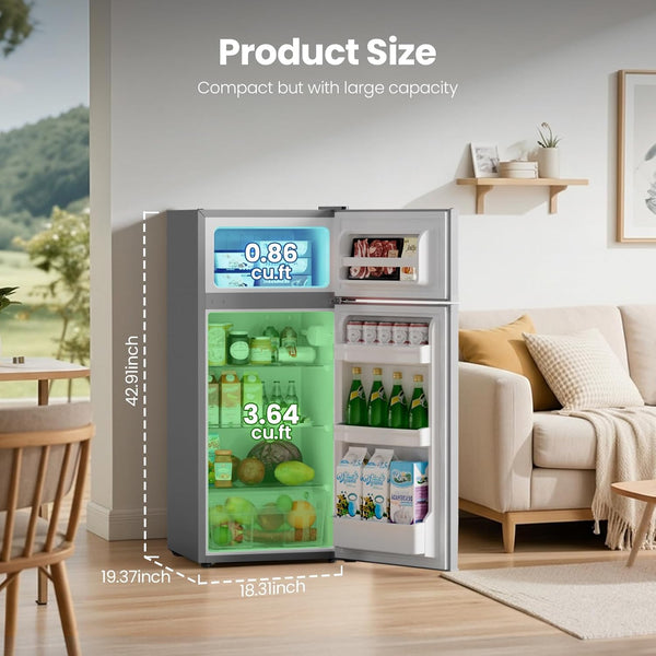 Compact refrigerator with digital display in a living room setting, showing product size and capacity.