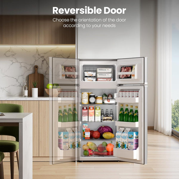 Refrigerator with reversible door feature in a kitchen setting