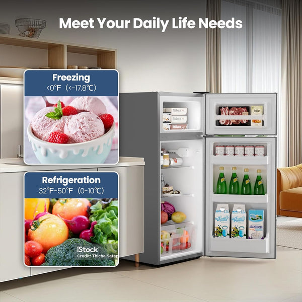 Modern refrigerator with open doors displaying food items in a kitchen setting, with text about freezing and refrigeration.