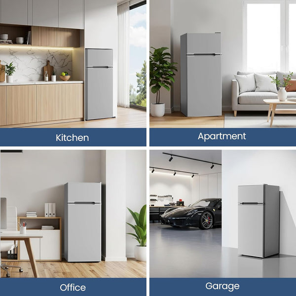 Four different settings showing a refrigerator in a kitchen, apartment, office, and garage.