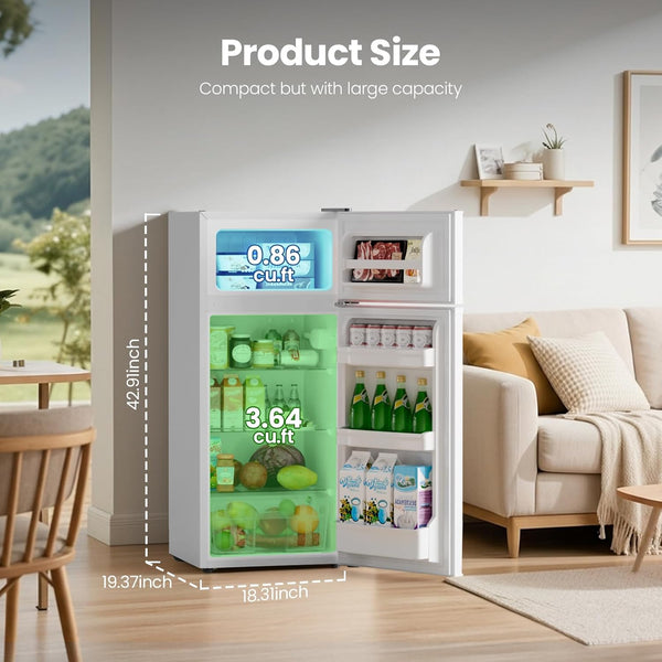Small refrigerator with digital display in a living room setting, showing product size and capacity.