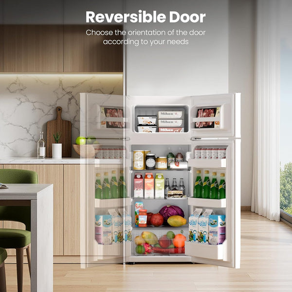 Refrigerator with reversible door feature in a kitchen setting